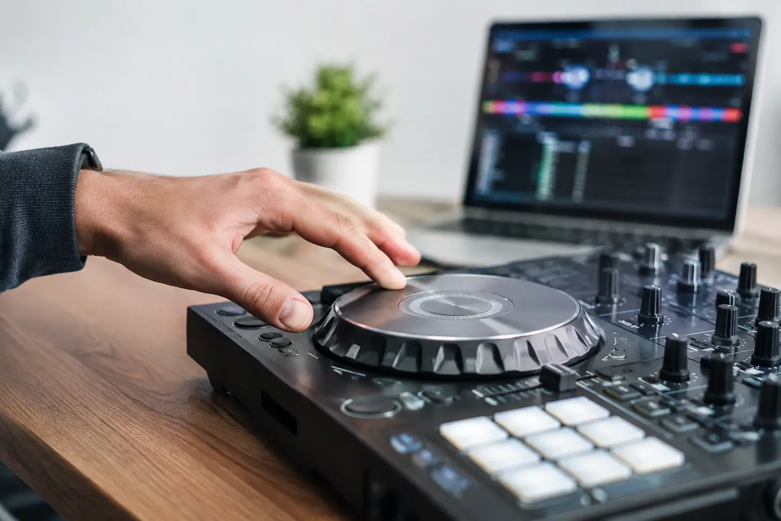 Hand on a DJ controller jog wheel beside a laptop showing audio waveforms.