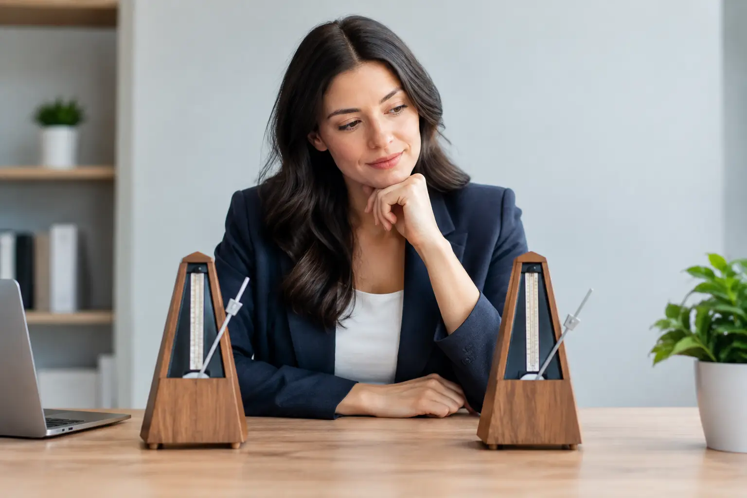 Person comparing two wooden metronomes on a desk.